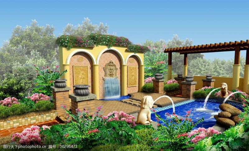 欧式喷泉效果图别墅花园景观图片