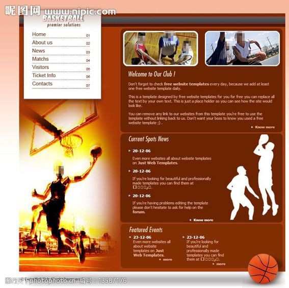 橙色英文篮球运动网页模板图片