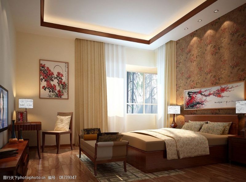 樱花制漆新中式卧室效果图图片