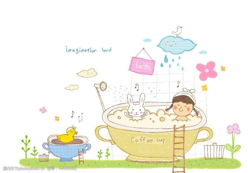 草帽女孩在咖啡杯里洗澡的女孩图片