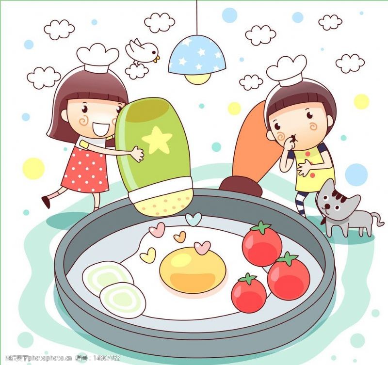 厨师卡通人物在制作蕃茄炒蛋的孩子图片