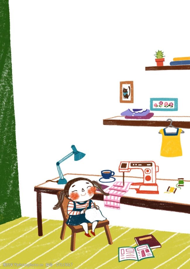 缝纫机学缝纫的小女孩插画素材