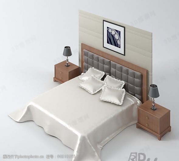 3d模型贴图3D现代床头背景双人床模型