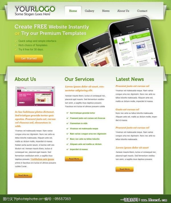 手机网页素材绿色手机网页模板PSD素材下载