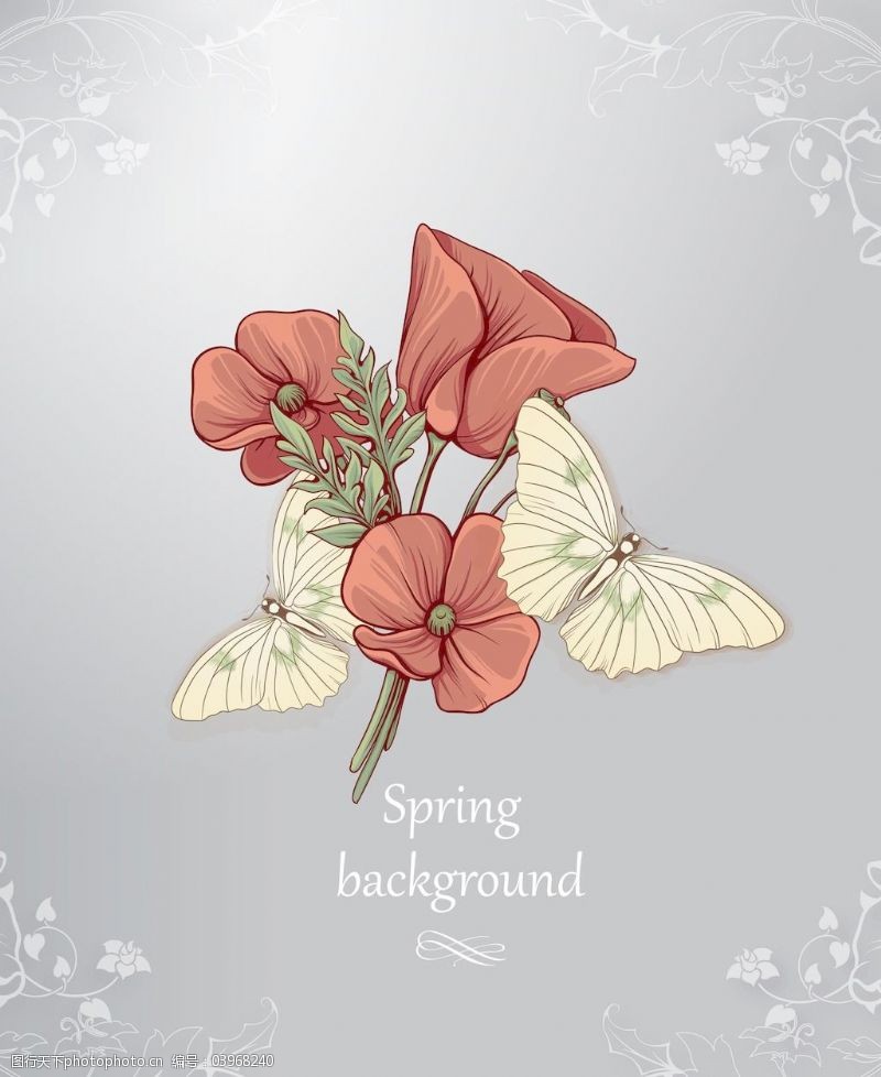 春天的背景以蝴蝶和春天的花花卉背景矢量插画