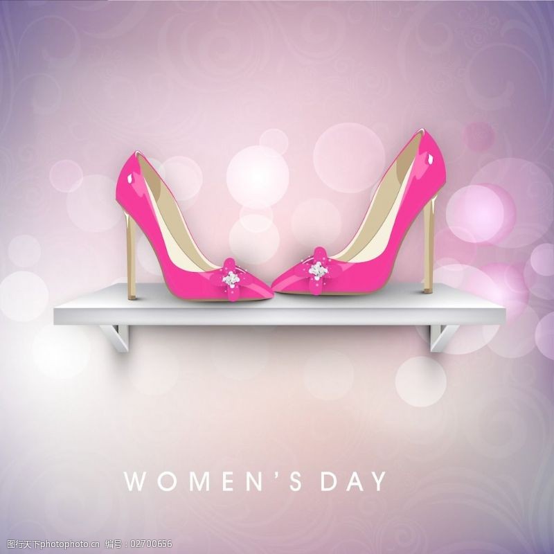三八妇女节贺卡或海报以粉红女士鞋在舞台上闪亮的紫色背景设计