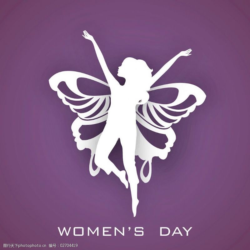 三八妇女节贺卡或海报以紫色背景的翅膀舞姿少女白色的轮廓设计