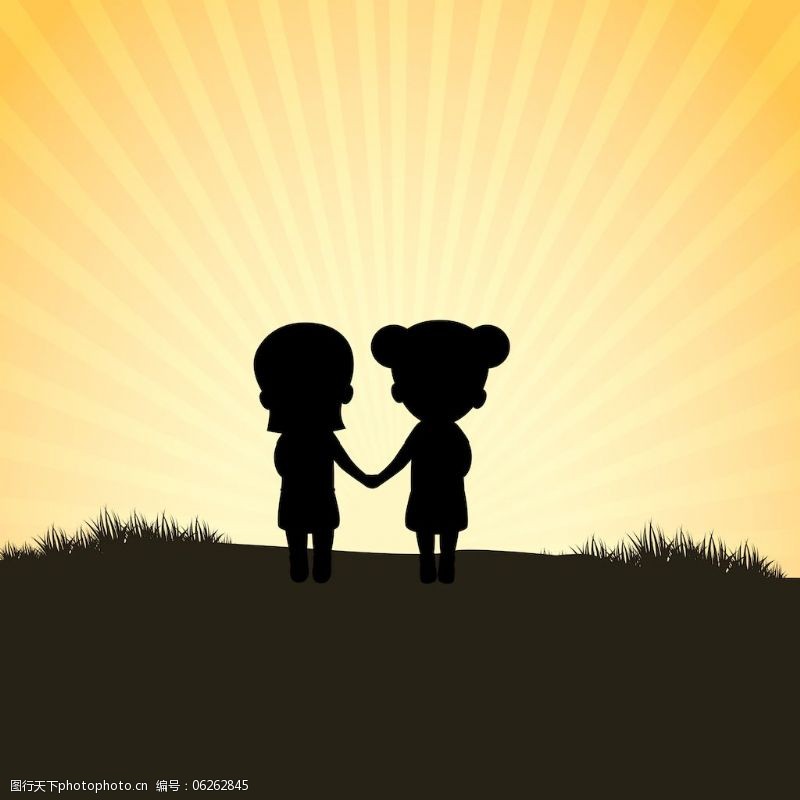 情人节快乐的概念在阳光明媚的背景两个女孩剪影