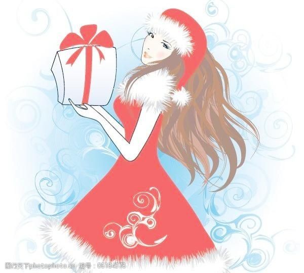 圣诞帽免费下载美丽的姑娘穿着圣诞服矢量素材