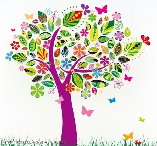 春天的背景抽象树与蝴蝶矢量设计