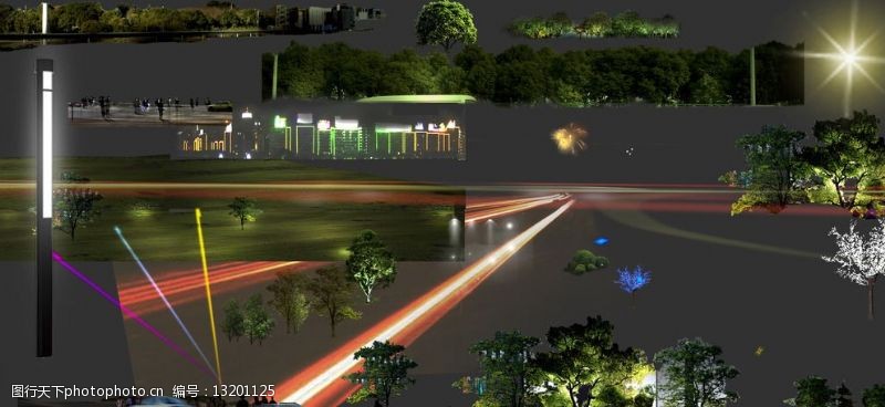 喷泉灯光树木夜景灯光效果素材图片