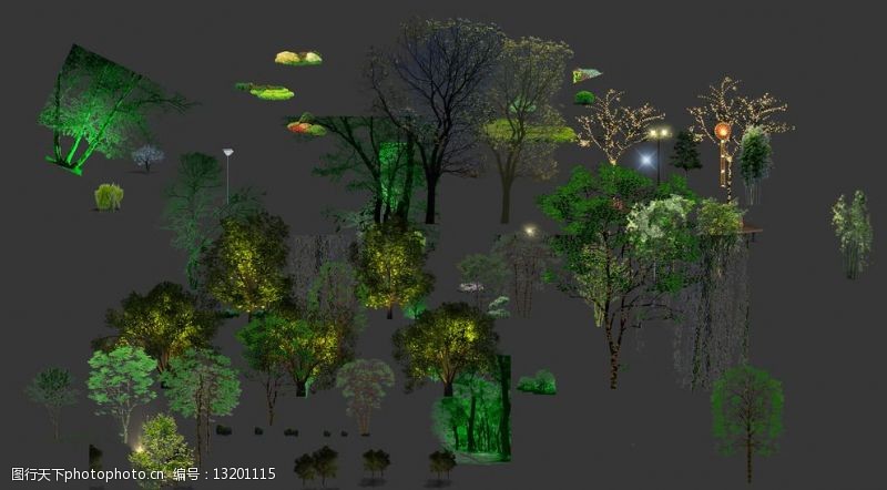 喷泉灯光夜景树木效果素材亮化图片