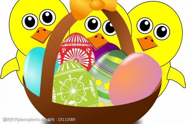 复活节彩蛋的漫画在一个篮子里矢量图像的复活节彩蛋卡通小鸡